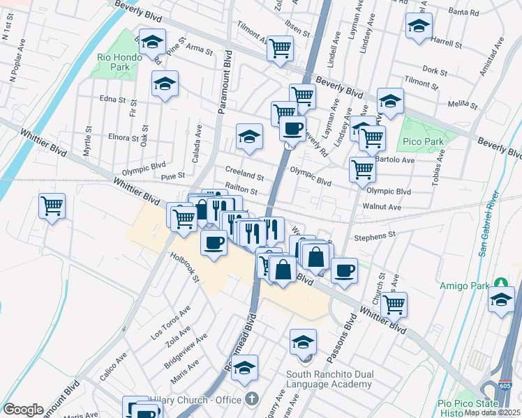 map of restaurants, bars, coffee shops, grocery stores, and more near 8827 West Boulevard in Pico Rivera