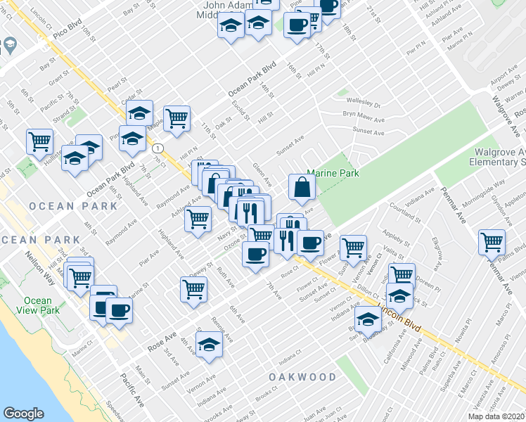 map of restaurants, bars, coffee shops, grocery stores, and more near 1018 Marine Street in Santa Monica