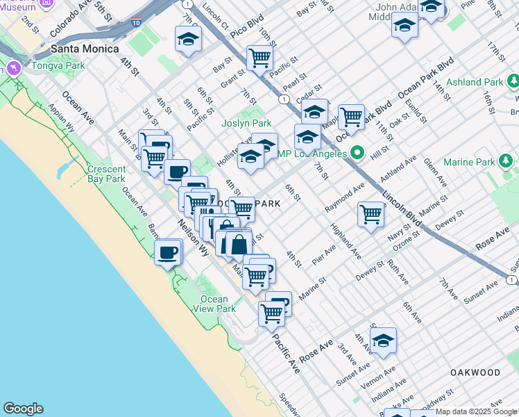 map of restaurants, bars, coffee shops, grocery stores, and more near 2623 4th Street in Santa Monica