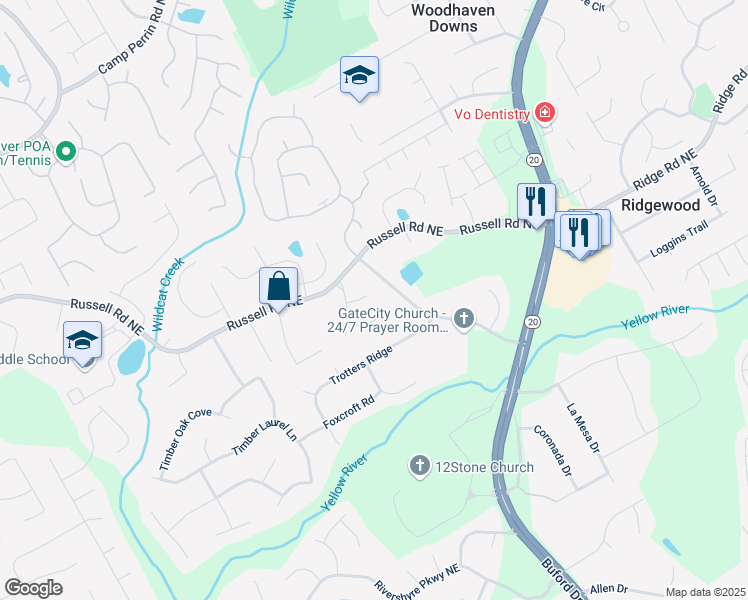 map of restaurants, bars, coffee shops, grocery stores, and more near 439 Tara Oaks Trail in Lawrenceville