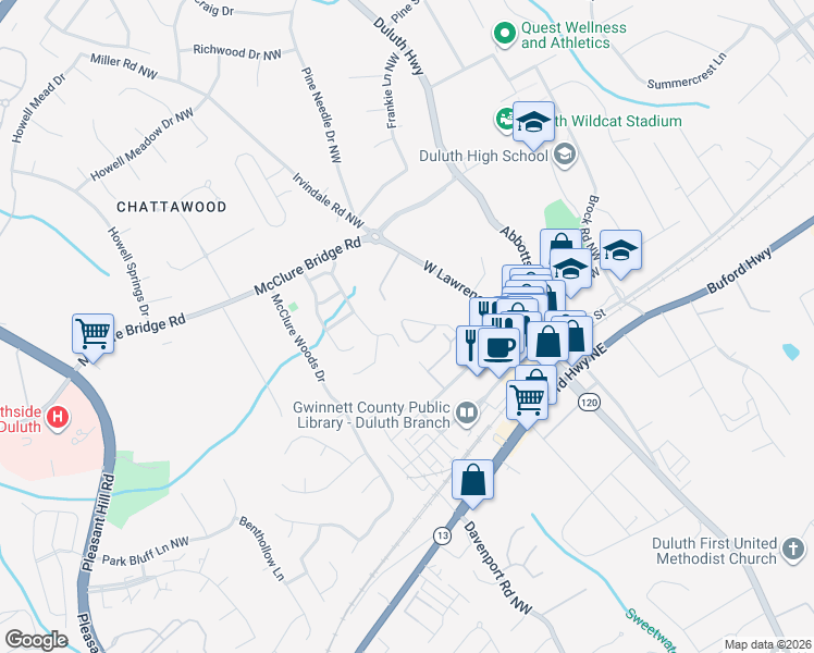 map of restaurants, bars, coffee shops, grocery stores, and more near 3647 Ridge Town Drive in Duluth