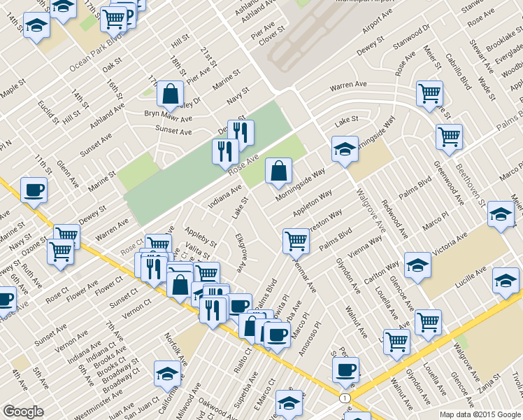 map of restaurants, bars, coffee shops, grocery stores, and more near 1533 Penmar Avenue in Los Angeles