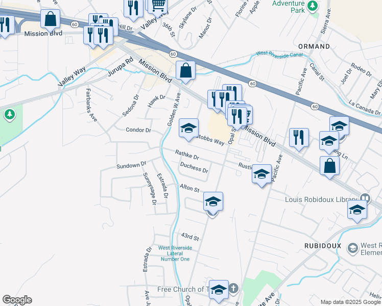 map of restaurants, bars, coffee shops, grocery stores, and more near 6416 Rathke Drive in Riverside