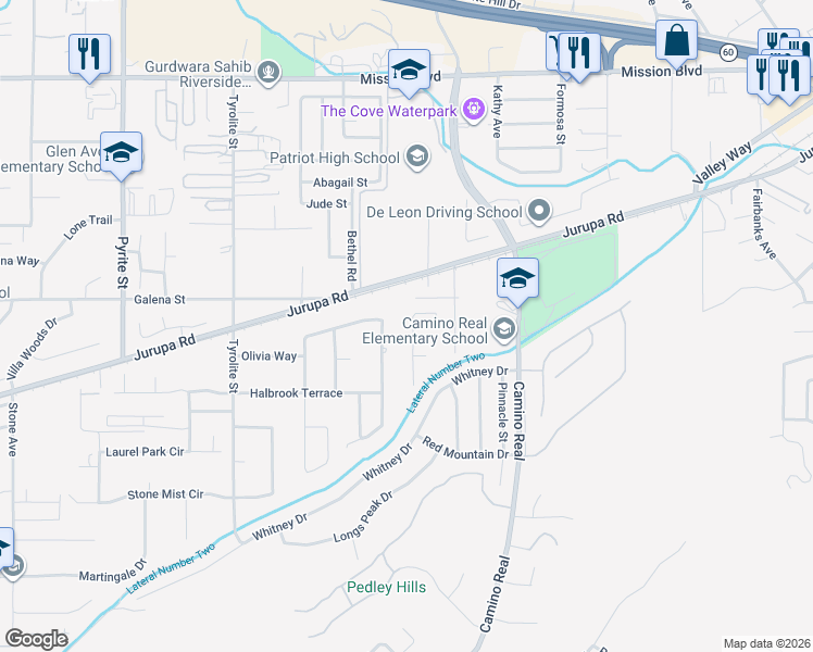 map of restaurants, bars, coffee shops, grocery stores, and more near 4691 Viaggio Circle in Riverside