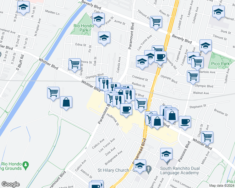 map of restaurants, bars, coffee shops, grocery stores, and more near 4917 Lexington Road in Pico Rivera