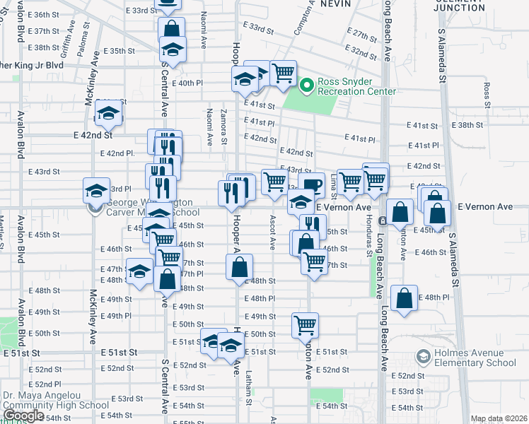map of restaurants, bars, coffee shops, grocery stores, and more near 1340 East Vernon Avenue in Los Angeles