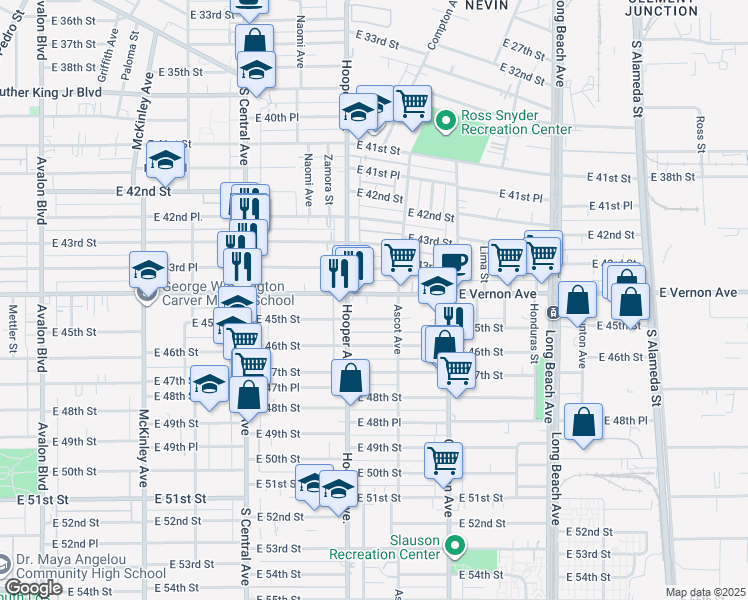 map of restaurants, bars, coffee shops, grocery stores, and more near 1340 East Vernon Avenue in Los Angeles