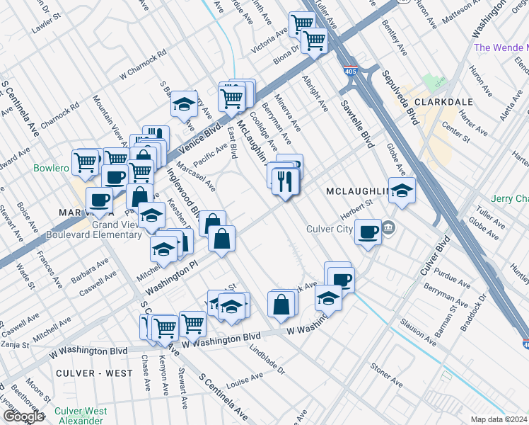 map of restaurants, bars, coffee shops, grocery stores, and more near 3995 East Boulevard in Los Angeles