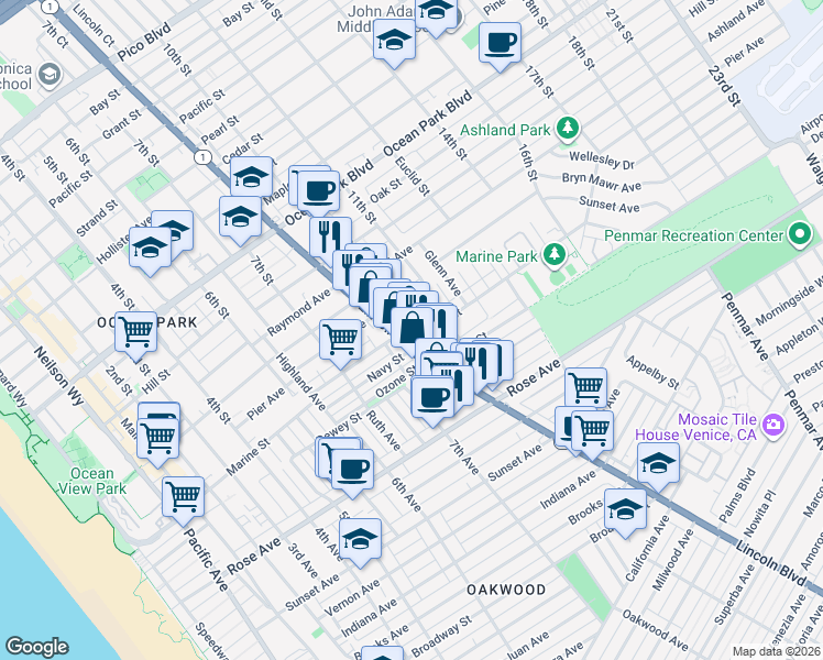 map of restaurants, bars, coffee shops, grocery stores, and more near 750 Marine Street in Santa Monica
