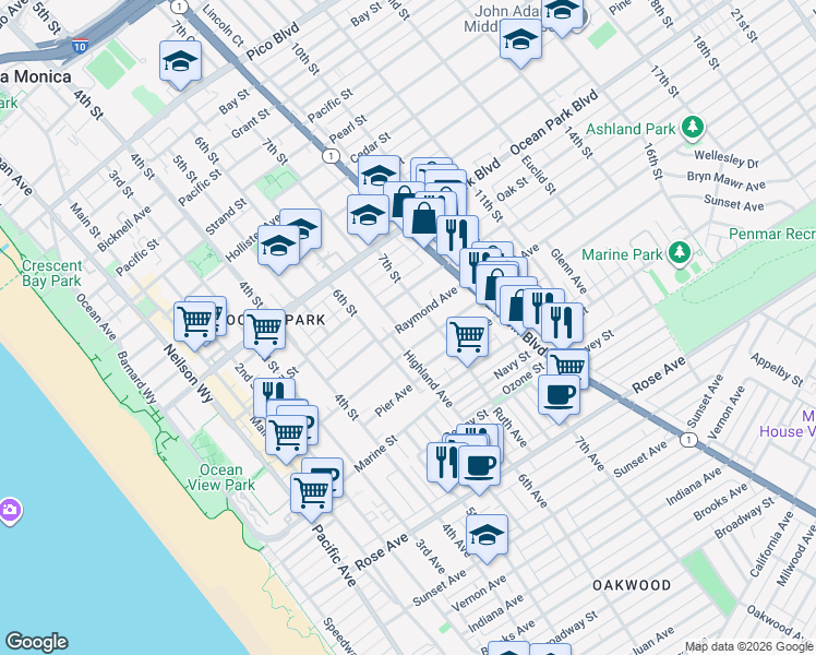 map of restaurants, bars, coffee shops, grocery stores, and more near 637 Ashland Avenue in Santa Monica
