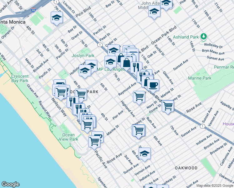 map of restaurants, bars, coffee shops, grocery stores, and more near 2727 6th Street in Santa Monica
