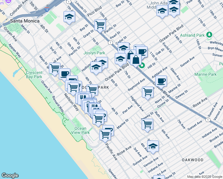 map of restaurants, bars, coffee shops, grocery stores, and more near 504 Hill Street in Santa Monica