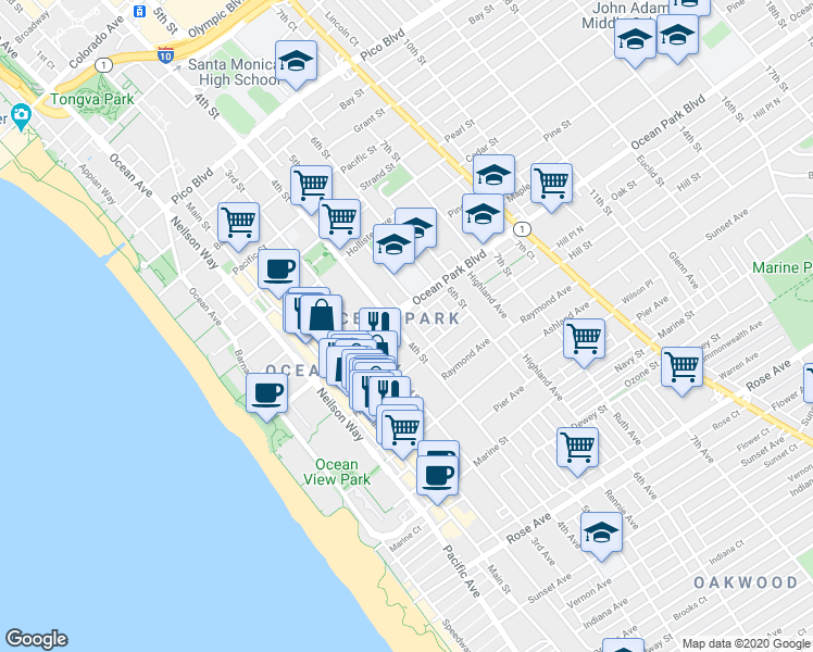 map of restaurants, bars, coffee shops, grocery stores, and more near 2635 4th Street in Santa Monica