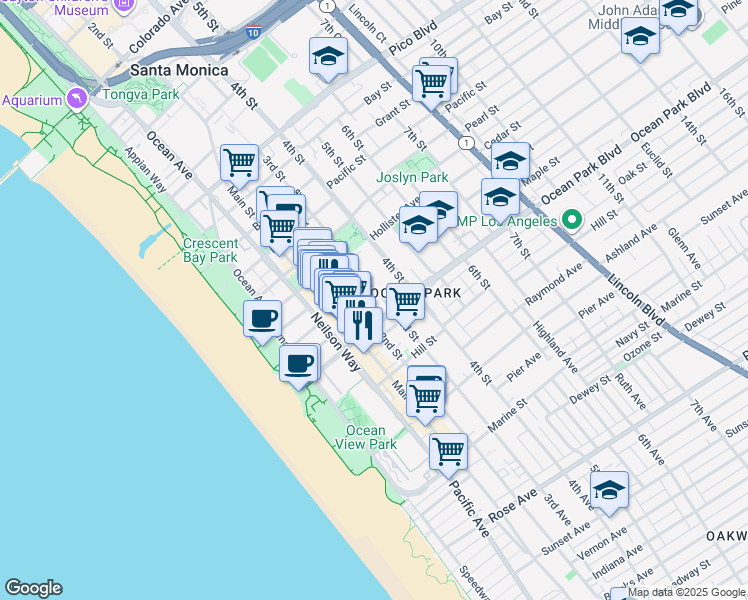 map of restaurants, bars, coffee shops, grocery stores, and more near 2513 2nd Street in Santa Monica