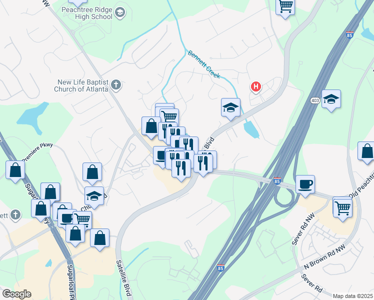 map of restaurants, bars, coffee shops, grocery stores, and more near 1500 Satellite Blvd NW in Suwanee