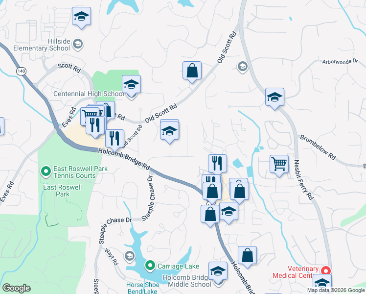 map of restaurants, bars, coffee shops, grocery stores, and more near 110 Gunlock Trce in Roswell