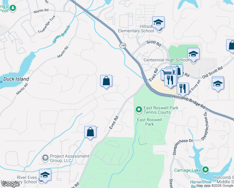 map of restaurants, bars, coffee shops, grocery stores, and more near 9171 Eves Circle in Roswell