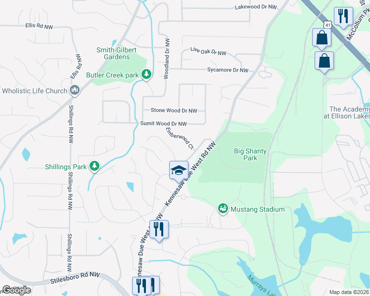 map of restaurants, bars, coffee shops, grocery stores, and more near 2411 Emberwood Court in Kennesaw