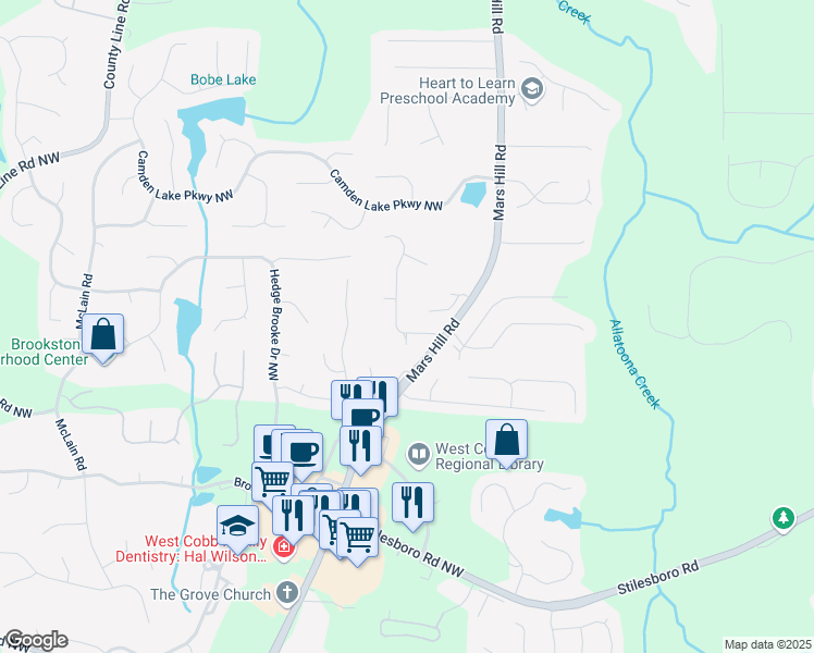 map of restaurants, bars, coffee shops, grocery stores, and more near 1972 Clovercroft Road in Acworth