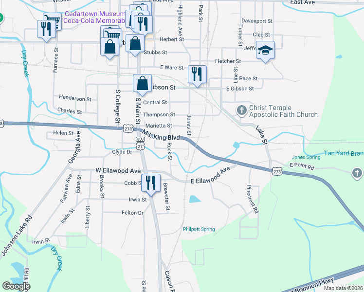 map of restaurants, bars, coffee shops, grocery stores, and more near 1014 Jones Street in Cedartown