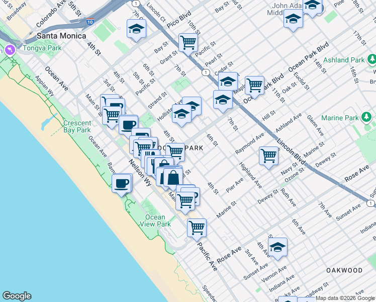 map of restaurants, bars, coffee shops, grocery stores, and more near 2623 4th Street in Santa Monica