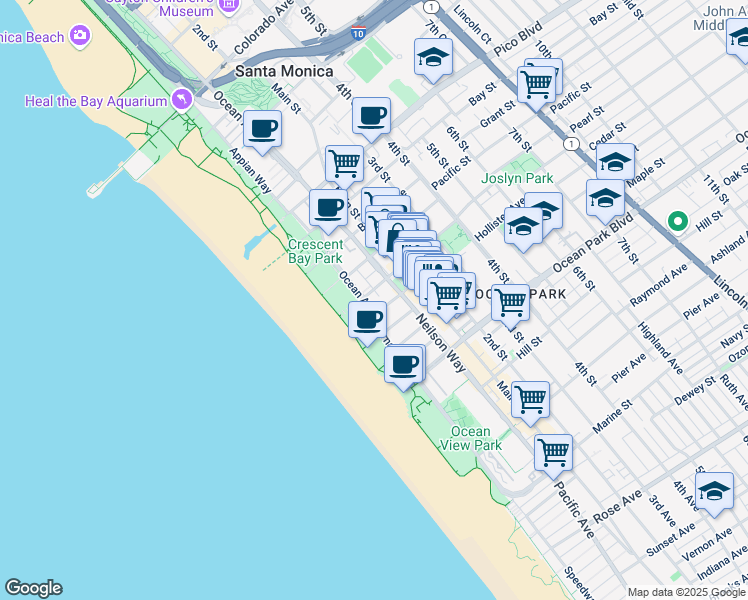 map of restaurants, bars, coffee shops, grocery stores, and more near 2309 Ocean Avenue in Santa Monica