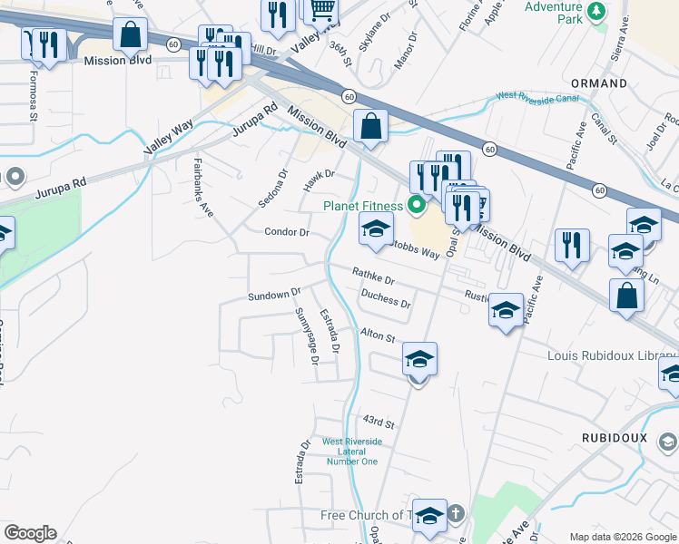 map of restaurants, bars, coffee shops, grocery stores, and more near 6476 Rathke Drive in Riverside