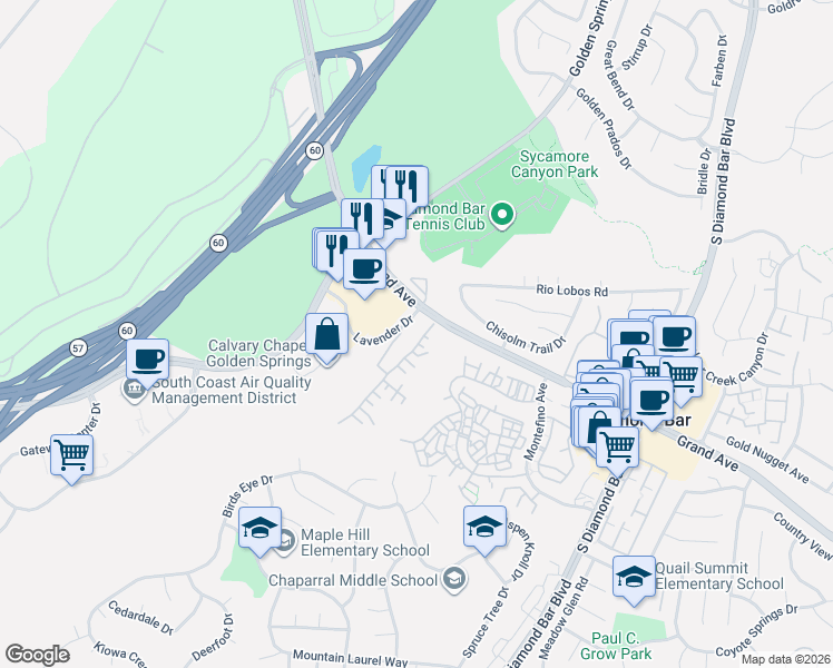 map of restaurants, bars, coffee shops, grocery stores, and more near 817 Terrace Lane East in Diamond Bar