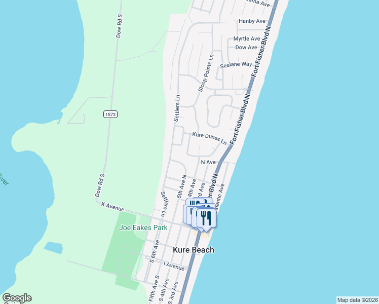 map of restaurants, bars, coffee shops, grocery stores, and more near 409 North 4th Avenue in Kure Beach