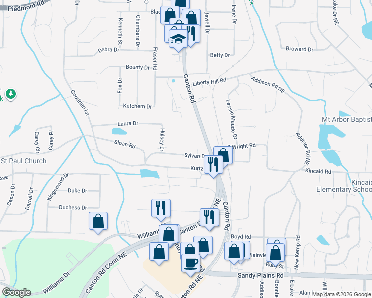 map of restaurants, bars, coffee shops, grocery stores, and more near 805 Sylvan Drive in Marietta