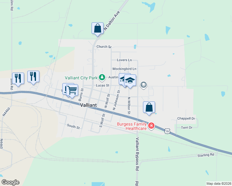 map of restaurants, bars, coffee shops, grocery stores, and more near 300 East Mosely Street in Valliant