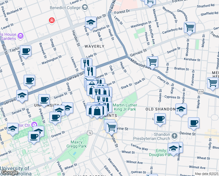 map of restaurants, bars, coffee shops, grocery stores, and more near 921 Pine Street in Columbia