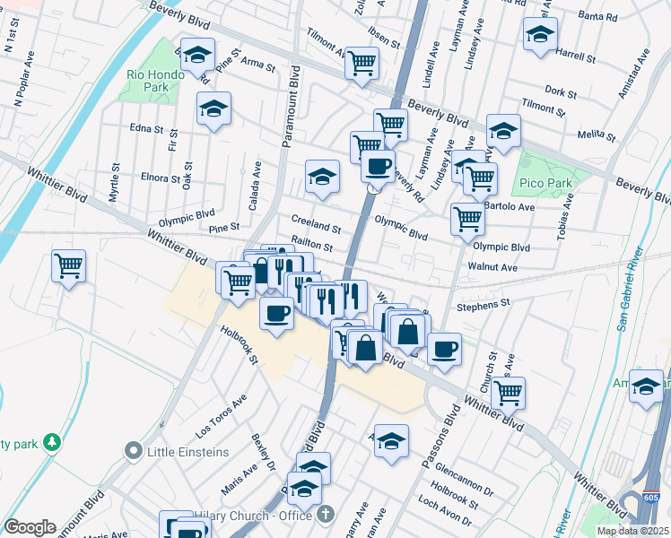 map of restaurants, bars, coffee shops, grocery stores, and more near 8827 West Boulevard in Pico Rivera
