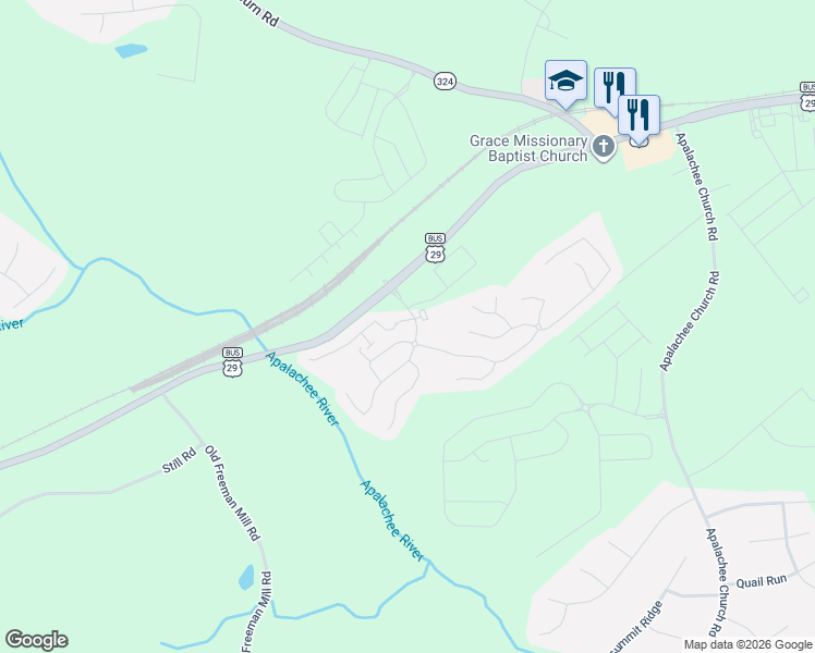 map of restaurants, bars, coffee shops, grocery stores, and more near 108 Auburn Crossing Drive in Auburn