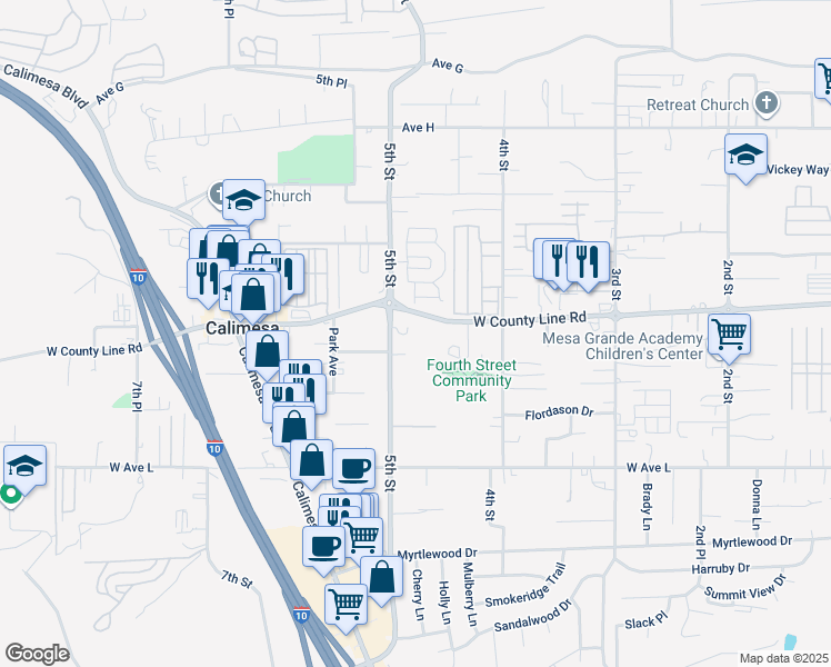 map of restaurants, bars, coffee shops, grocery stores, and more near 479 W County Line Rd in Calimesa