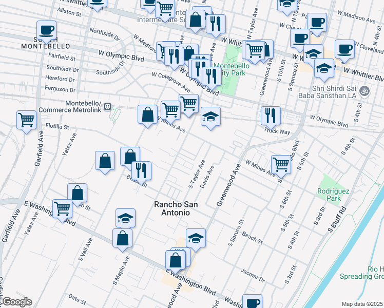 map of restaurants, bars, coffee shops, grocery stores, and more near 630 South Maple Avenue in Montebello