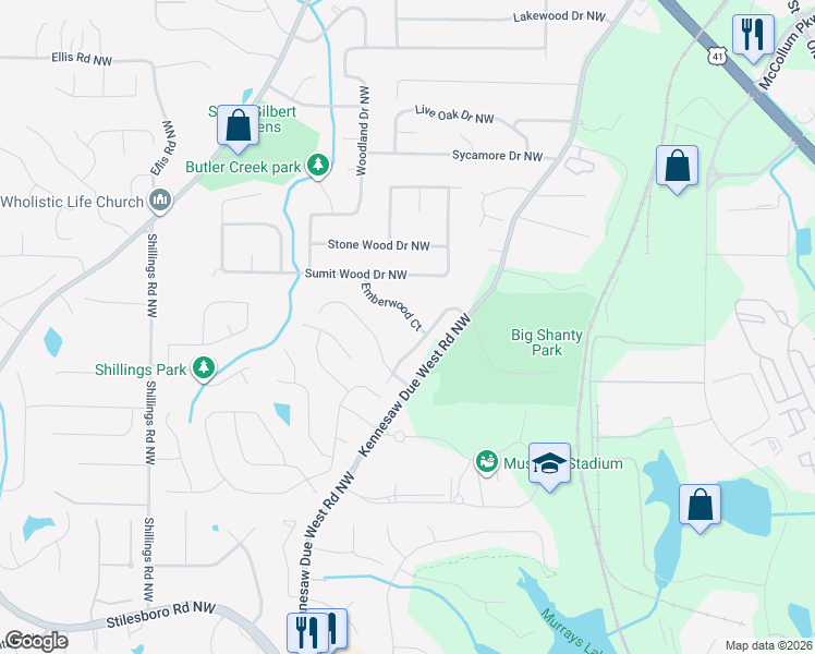 map of restaurants, bars, coffee shops, grocery stores, and more near 2411 Emberwood Court in Kennesaw
