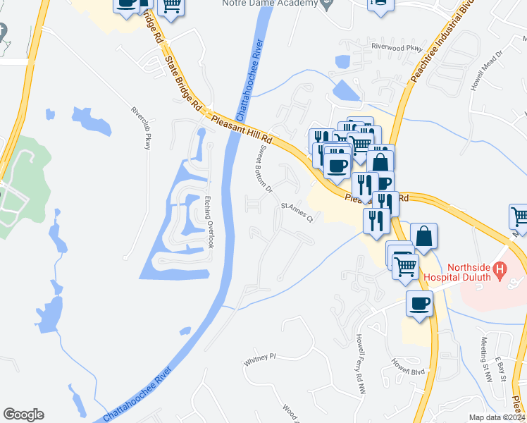 map of restaurants, bars, coffee shops, grocery stores, and more near 3890 The Battery in Duluth