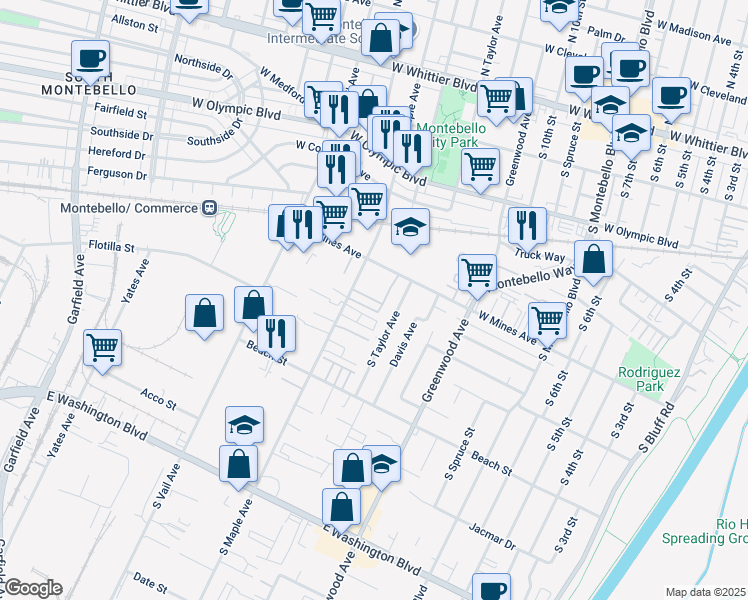 map of restaurants, bars, coffee shops, grocery stores, and more near 630 South Maple Avenue in Montebello