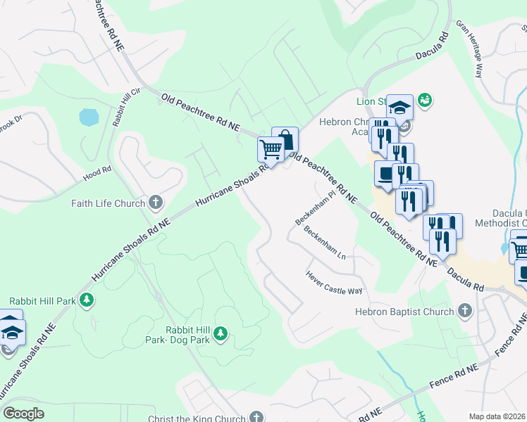 map of restaurants, bars, coffee shops, grocery stores, and more near 720 Beckenham Walk Drive in Dacula