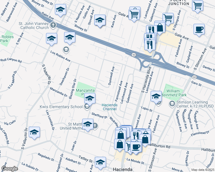 map of restaurants, bars, coffee shops, grocery stores, and more near 1575 Dunswell Avenue in Hacienda Heights