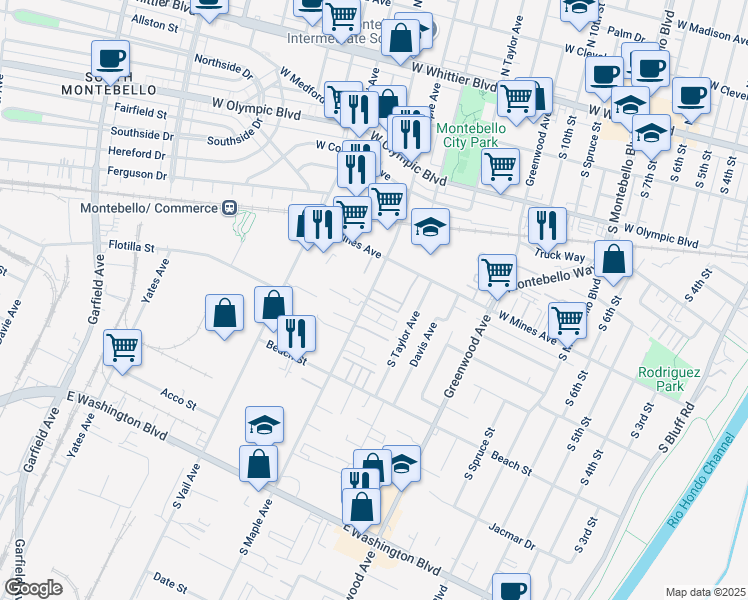 map of restaurants, bars, coffee shops, grocery stores, and more near 630 South Maple Avenue in Montebello