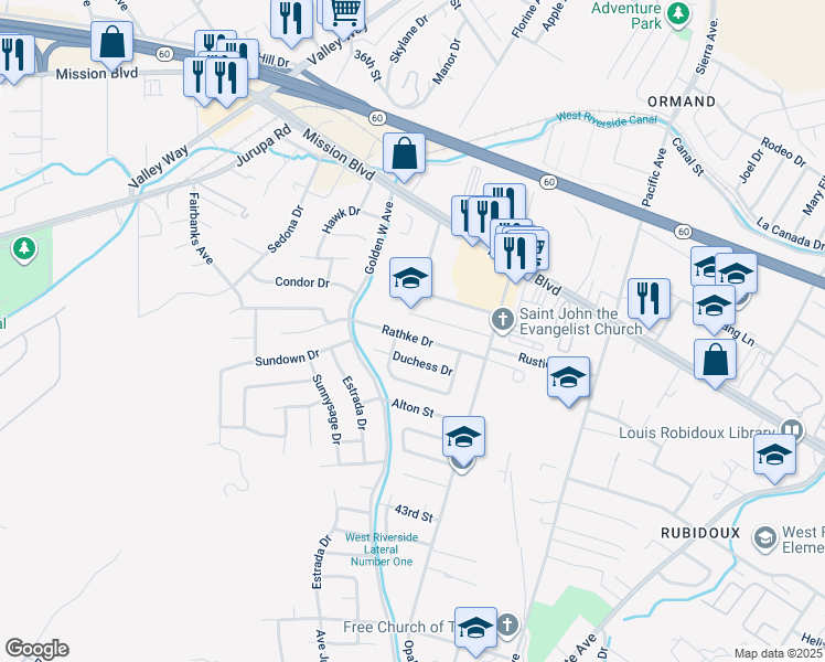 map of restaurants, bars, coffee shops, grocery stores, and more near 6417 Rathke Drive in Riverside