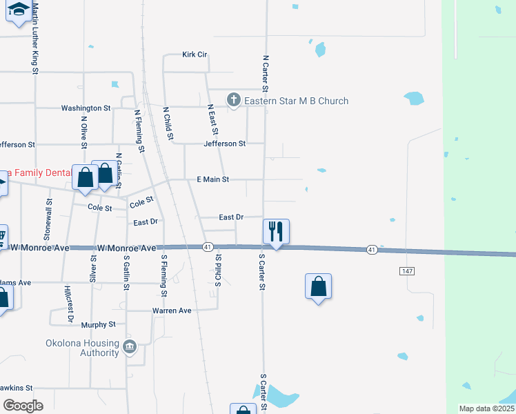 map of restaurants, bars, coffee shops, grocery stores, and more near 301-399 East Dr in Okolona