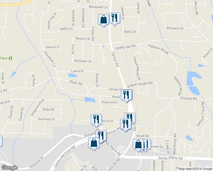 map of restaurants, bars, coffee shops, grocery stores, and more near 805 Sylvan Drive in Marietta