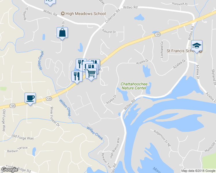 map of restaurants, bars, coffee shops, grocery stores, and more near 2078 Merrimont Way in Roswell