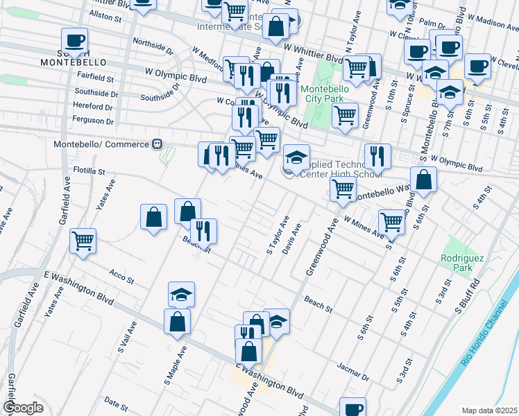 map of restaurants, bars, coffee shops, grocery stores, and more near 630 South Maple Avenue in Montebello