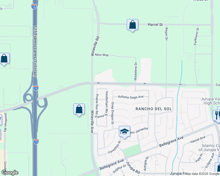 map of restaurants, bars, coffee shops, grocery stores, and more near 11715 Periwinkle Place in Jurupa Valley