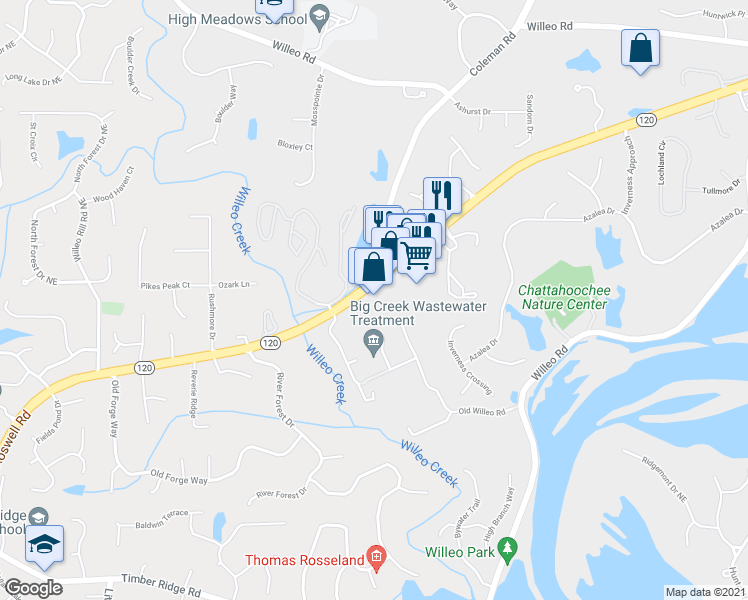 map of restaurants, bars, coffee shops, grocery stores, and more near 880 Marietta Highway in Roswell