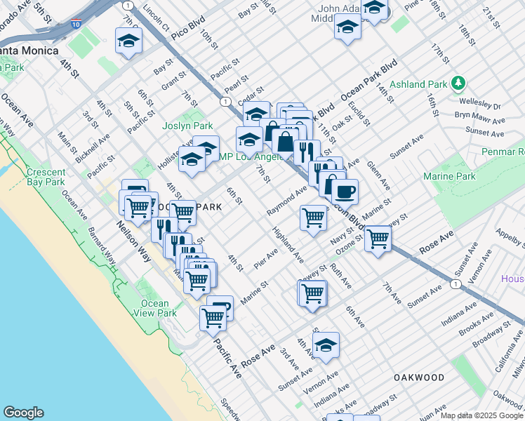 map of restaurants, bars, coffee shops, grocery stores, and more near 2714 Highland Avenue in Santa Monica